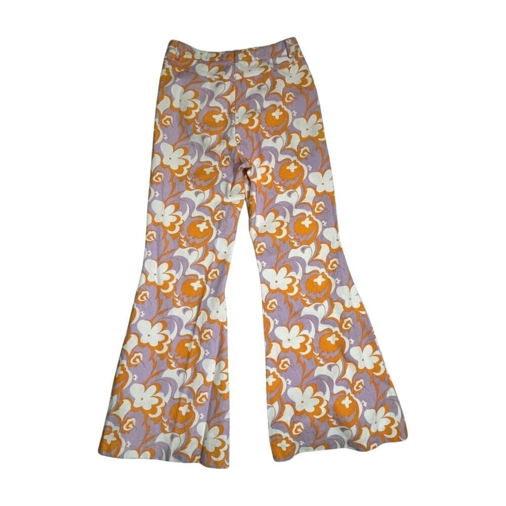 PRINCESS POLLY Jasmina Denim Wide Flare Floral Orange Lavender Size 4 - Picture 2 of 12